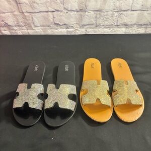 Women's Black and Silver Slide Sandals